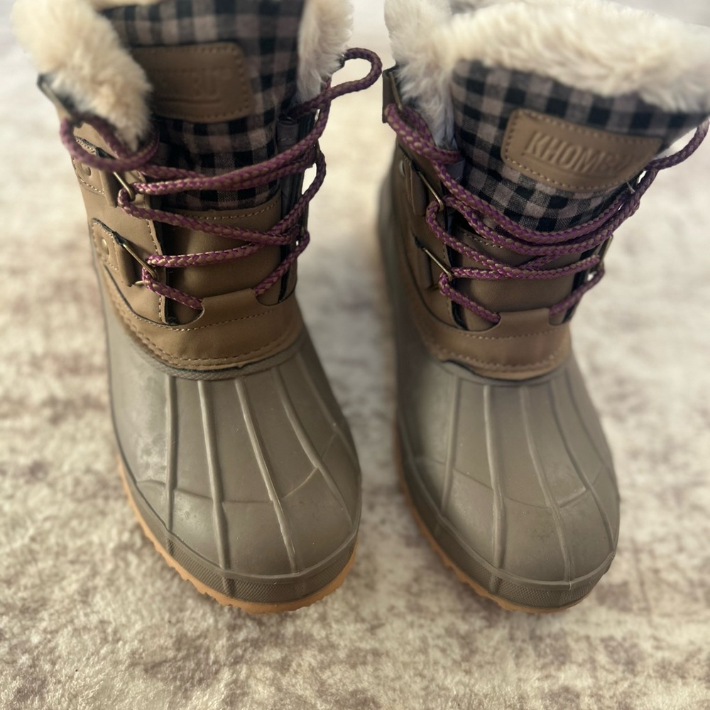 Khombu Tan and Gray Winter Boots with Plaid Lining